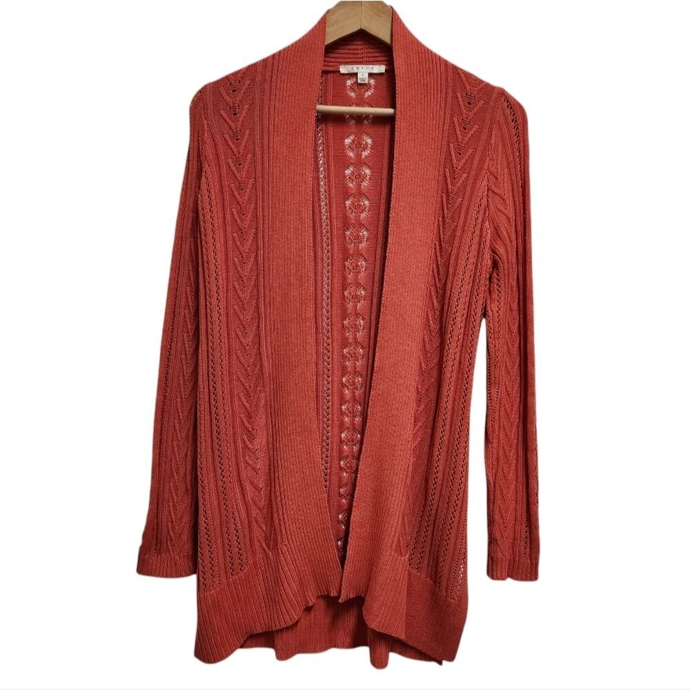 Cyrus Orange Knit Open Front Pointelle Shawl Cardigan Sweater Longline Womens S